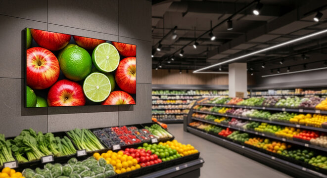 Digital display showcasing red apples and limes in a grocery store, representing freshness, healthy eating, and vibrant produce, ideal for advertising or branding - Powered by Adobe