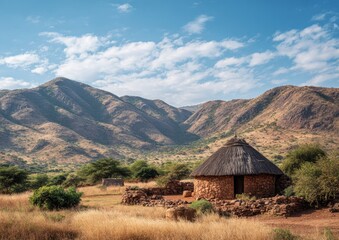 Rustic hut nestled in a dry, mountainous landscape