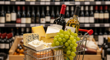 Shopping cart filled with assorted cheeses, green grapes, and bottles of red and white wine, showcasing a gourmet food and beverage selection, ideal for wine and cheese pairing concepts