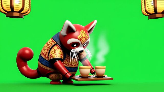 Adorable Red Panda Serving Tea - 3D Render with Green Screen