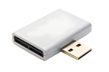 A small gray usb adapter for sd and microsd cards isolated on transparent background