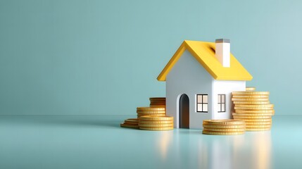 3D illustration of a house and gold coins representing property investment and real estate finance. Minimal style with clean background and financial symbolism.