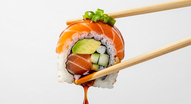 Salmon sushi roll with avocado and cucumber, held by chopsticks, soy sauce dripping, showcasing freshness and deliciousness of Japanese cuisine