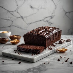 Decadent chocolate loaf cake adorned with dark ganache and chips on marble slab
