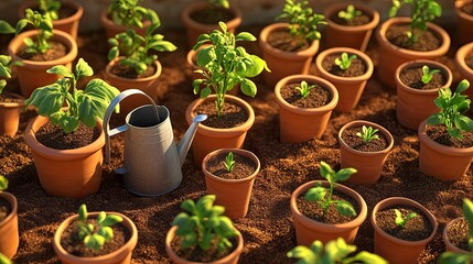 A close-up view of many small terracotta pots filled with young plants, arranged on a bed of soil, with a watering can in the center. Sunlight highlights the plants