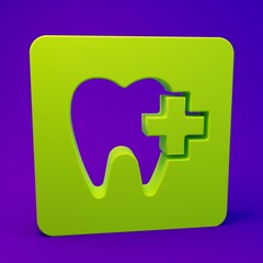 Obraz premium Green Dental clinic location icon isolated on purple-blue background. Minimalism concept. 3D render illustration