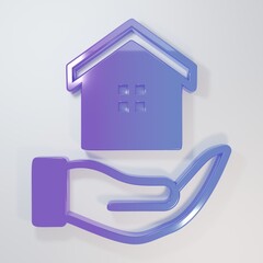Purple-blue House in hand icon isolated on grey background. Insurance concept. Security, safety, protection, protect concept. Minimalism concept. 3D render illustration