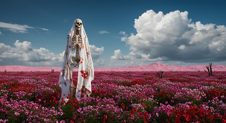 Surreal Skeleton Figure Standing in Flower Field with Blood Drip Sheet