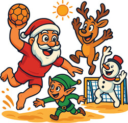 Santa Claus Playing Beach Handball With His Festive Squad