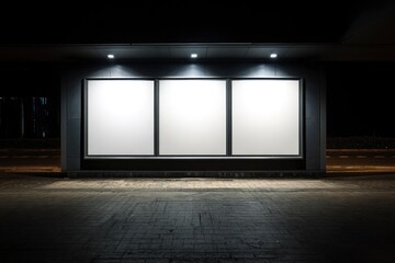 Three illuminated blank billboards stand sidebyside reflecting light onto a dark brick ground in a nighttime urban setting
