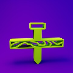 Green Metallic nail and wood plank icon isolated on purple-blue background. Minimalism concept. 3D...