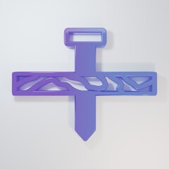 Purple-blue Metallic nail and wood plank icon isolated on grey background. Minimalism concept. 3D...