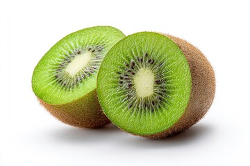 Two kiwi halves showcase green flesh seeds and fuzzy brown skin against a white background