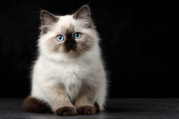 A fluffy lightcolored kitten with blue eyes sits against a dark background