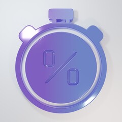 Purple-blue Stopwatch with percent discount icon isolated on grey background. Time timer sign. Minimalism concept. 3D render illustration