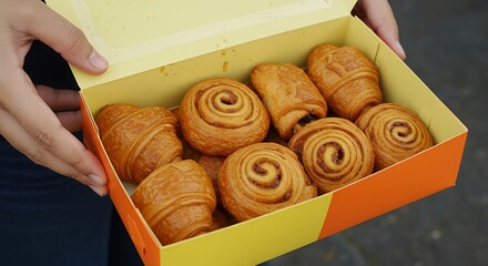 Close Up of Assorted Fresh Baked Pastries In A Box being Held