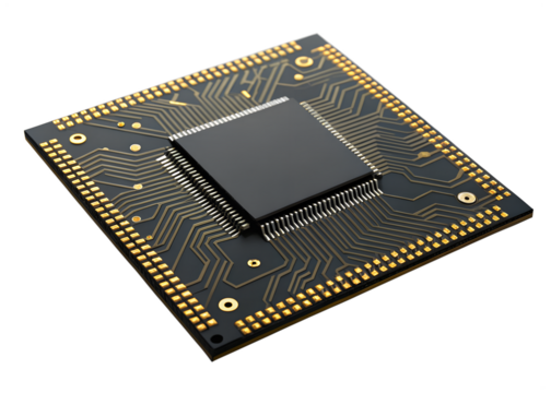 Circuit board with microchip isolated on transparent background