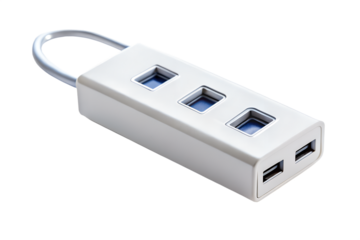 A small white usb hub with a convenient carrying loop is shown, offering multiple ports for various devices isolated on transparent background