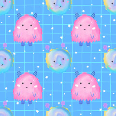 Fototapeta premium Seamless watercolor pattern with fluffy pastel monsters, cute horns, and spooky Halloween charm. Perfect for kids products, festive textiles, and seasonal wrapping paper