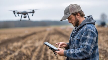 A farmer using a tablet in the field analyzing data collected from drones flying overhead. The integration of aerial imagery and data analytics empowers intelligent decisions for crop