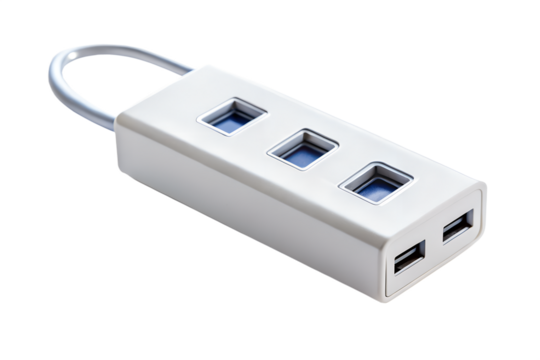 A small white usb hub with a convenient carrying loop is shown, offering multiple ports for various devices isolated on transparent background