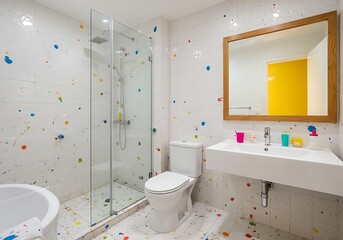 Bright Contemporary Bathroom Interior Design with Splatter Paint Decorative Tiles