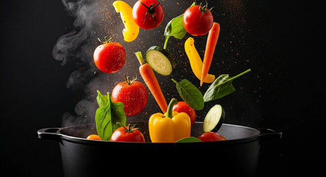 Vibrant vegetables falling into a black pot, steam rising, showcasing freshness and healthy cooking concept - Powered by Adobe