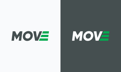 Modern typography logo design with bold MOVE lettering and dynamic green speed lines in the letter "E", symbolizing motion, speed, and innovation.