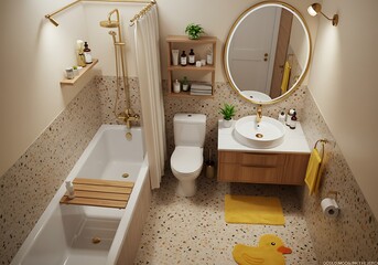 Bright Interior Detailed Bathroom Scene with Bathtub and Sanitary Appliances
