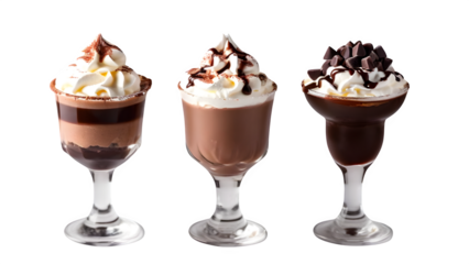 Chocolate drink or sweet treat topped with whipped cream against a plain white background. Toned. Focused selectively.
