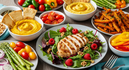 Chicken salad with raspberries, walnuts, and greens, served with hummus, sweet potato fries, and assorted vegetables. Healthy meal showcase, ideal for restaurant menus or dieting blogs