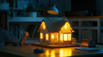 Wooden house model lit at night on a table
