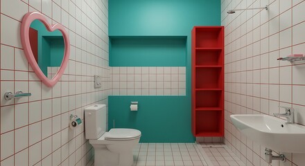 Modern Minimalist Bathroom Interior Rendering with Heart Shaped Mirror and Colorful Details