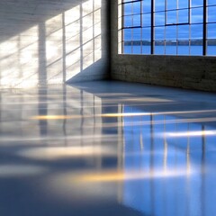 Daylight Streaming Through Warehouse Windows Reflecting on Polished Floor