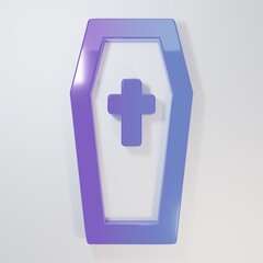 Obraz premium Purple-blue Coffin with christian cross icon isolated on grey background. Happy Halloween party. Minimalism concept. 3D render illustration