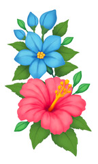 Bright colorful composition of flowers with buds and leaves. Digital drawing