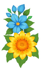 Bright colorful composition of flowers with buds and leaves. Digital drawing