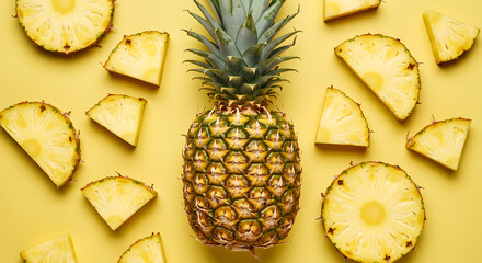 Top View of Fresh Pineapple Fruits and Slices on White Background