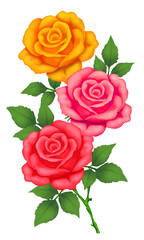 Bright colorful composition of flowers with buds and leaves. Digital drawing