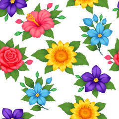 Seamless pattern with bright colored flowers, buds and leaves. Digital drawing