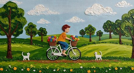 Impressionist Textured Boy on Bicycle Landscape with Cats and Flowers Artwork