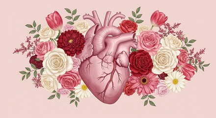Detailed Realistic Heart Organ Surrounded with Beautiful Flower Arrangement Illustration