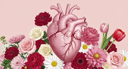 Elegant Detailed Heart Surrounded by Blooming Flowers on a Soft Pink Background