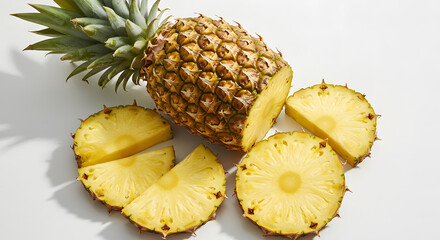Top View of Fresh Pineapple Fruits and Slices on White Background