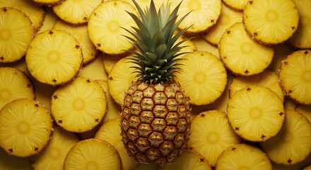 Top View of Fresh Pineapple Fruits and Slices on White Background