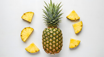 Top View of Fresh Pineapple Fruits and Slices on White Background