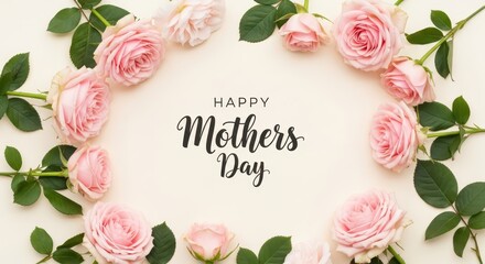 A floral wreath of pink roses and leaves frames a happy mothers day message