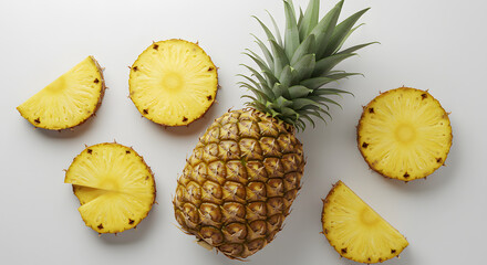 Top View of Fresh Pineapple Fruits and Slices on White Background