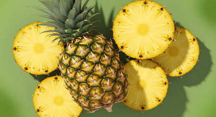 Top View of Fresh Pineapple Fruits and Slices on White Background