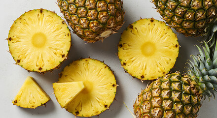 Top View of Fresh Pineapple Fruits and Slices on White Background